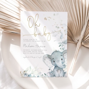 Invitación de baby shower de elefante, baby shower de niño, invitación de baby shower de elefante, baby shower de elefante, plantilla editable de baby shower, E2