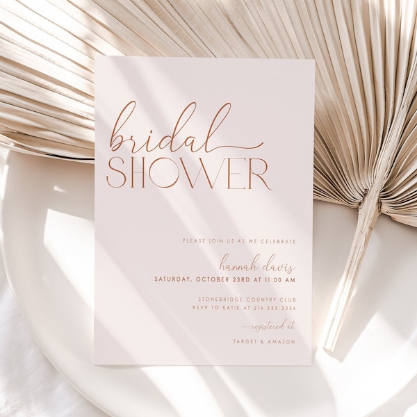 Minimal Boho Bridal Shower Invitation, Modern Bridal Shower Invite, Pale Pink Bridal Shower, Editable Boho Bridal Shower Template, H1