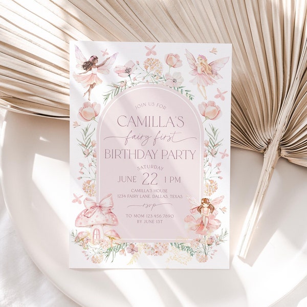 Fairy First Birthday Invitation Girl, Boho Arch Fairy 1st Birthday Invite, Garden, Enchanted Garden Fairy Invitation, Birthday Girl, BD83