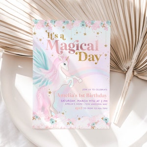 Unicorn Birthday Invitation Template, Magical Day Birthday Invitation, Girl 1st Birthday Invitation, Pastel Rainbow Invite, Unicorn, BD45