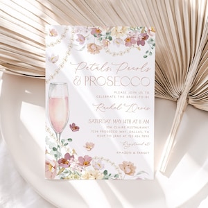 Petals Pearls Prosecco Bridal Shower Invitation, Pink Pastel Petals and Pearls Bridal Shower Invite, Editable Bridal Shower Template, BS56