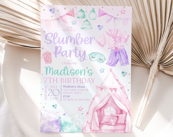May include: A pink and purple slumber party invitation with a watercolor illustration of a tent, a sleeping mask, and pajamas. The text reads "Join us for a Slumber Party to Celebrate Madison's 7th Birthday".