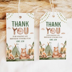 One Happy Camper Birthday Favor Tag, Camping Bear Thank You Tag, Happy Camper Birthday Favor Tag, Editable Printable Favor Tag, BD88