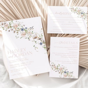 Wildflower Wedding Invitation Template Set, Spring Floral Wedding Invitation Template Download, Editable Invitation Set, Pink Florals, WI16