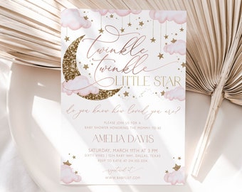 Peut inclure: Une invitation de fête prénatale rose et or avec un croissant de lune, des nuages et des étoiles. Le texte dit "Twinkle Twinkle Little Star do you know how loved you are?" et comprend les détails de la fête prénatale.
