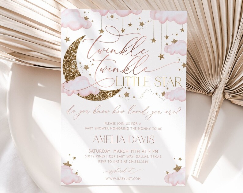 Twinkle Twinkle Star Baby Shower Invitation Girl Baby Shower Invitation Star Baby Shower Invite Pink and Gold Invitation