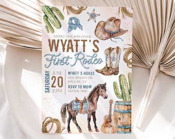 Primer niño de invitación de cumpleaños de rodeo, invitación de cumpleaños de 1er rodeo azul, invitación de cumpleaños occidental marrón, 1er cumpleaños de rodeo de vaquero, BD73