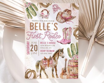 May include: A pink and gold invitation for a girl's first rodeo party. The invitation features a watercolor illustration of a horse, cowboy hat, boots, cactus, and a guitar. The text on the invitation reads "Belle's First Rodeo" and includes the date, time, and location of the party.