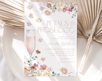 Petals and Prosecco Bridal Shower Invitation, Pink Pastel Petals and Prosecco Bridal Shower Invite, Editable Bridal Shower Template, BS28