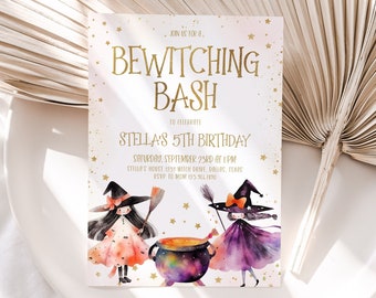 Bewitching Bash Halloween Invitation, Witch Birthday Invitation, Halloween Witch Invite, Girl Birthday, Editable Invitation Template, BD42