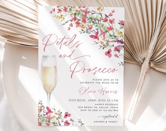 Petals and Prosecco Bridal Shower Invite, Hot Pink Wildflower Bridal Shower Invitation, Pink Petals and Prosecco, Editable Template, BS36