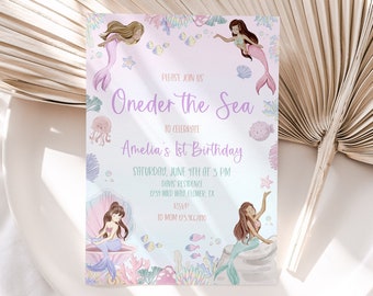 Mermaid 1st Birthday Invitation, Mermaid 1st Birthday Girl, Oneder the Sea Editable Template, Mermaid Birthday, Under the Sea Birthday, BD46