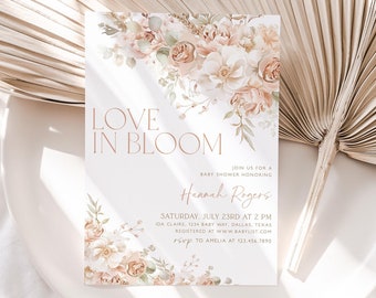 Love in Bloom Bridal Shower Invitation, Netural Florals Bridal Shower Invite, Bridal Shower Invite, Cream Flower Invitation, Editable, BS60