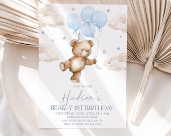 Bear 1st Birthday Invitation, Bear-y First Birthday, Bear 1st Birthday Invitation, Birthday 1st Boy, Blue Balloon Teddy Bear Invite, BD91
