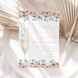 Petals and Prosecco Bridal Shower Invitation, Pink Roses Petals and Prosecco Bridal Shower Invitation, Editable Bridal Shower Template, BS34