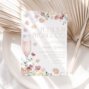 Petals and Prosecco Bridal Shower Invitation, Pink Pastel Petals and Prosecco Bridal Shower Invite, Editable Bridal Shower Template, BS28 image 1