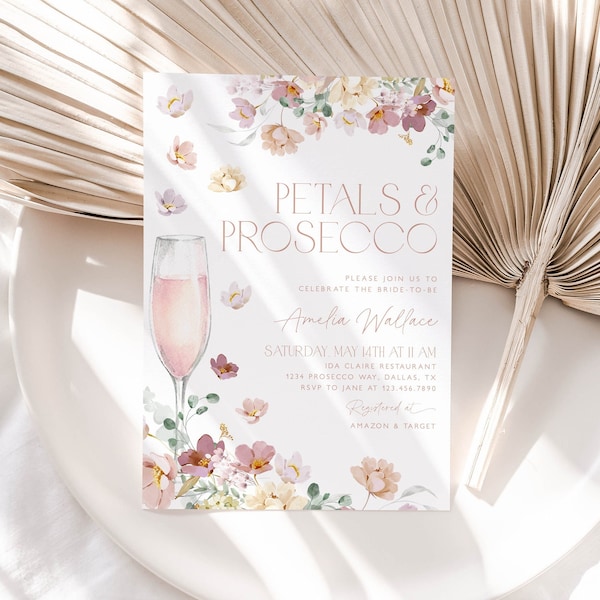 Petals and Prosecco Bridal Shower Invitation, Pink Pastel Petals and Prosecco Bridal Shower Invite, Editable Bridal Shower Template, BS28