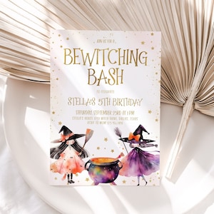 Bewitching Bash Halloween Invitation, Witch Birthday Invitation, Halloween Witch Invite, Girl Birthday, Editable Invitation Template, BD42