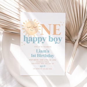 One Happy Boy Birthday Invite, Sunshine Birthday Invitation, Sun Boy 1st Birthday Invitation, One Happy Boy 1st Birthday Invitation, BD78