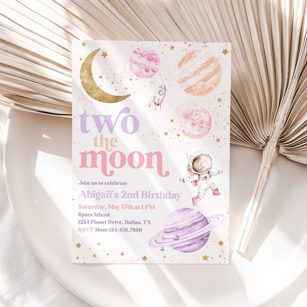 Two the Moon Birthday Invite Girl, Pastel Outerspace Invitation, Space 2nd Birthday Invitation, Girl 2nd Birthday, Two the Moon Party, BD96