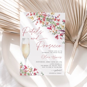 Invitación a la despedida de soltera de pétalos y Prosecco, invitación a la despedida de soltera de flores silvestres de color rosa intenso, pétalos de rosa y Prosecco, plantilla editable, BS36