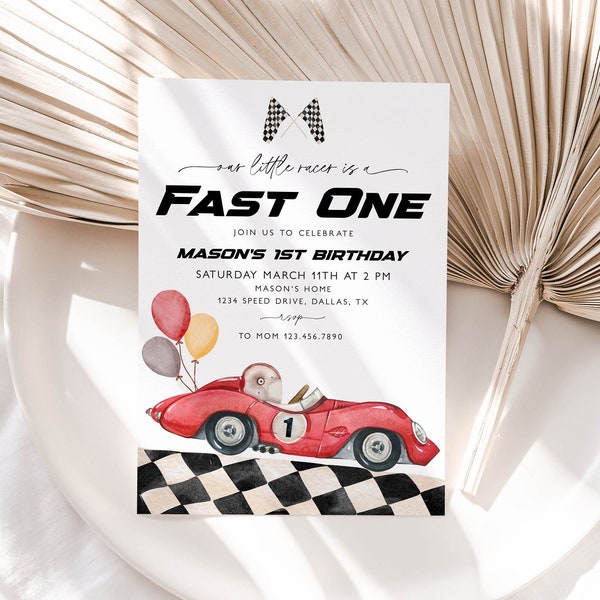 Fast One 1st Birthday Invitation Template, Boy 1st Birthday Race Car Invite, Red Race Car Invite, Printable 1st Birthday Invitation, BD39