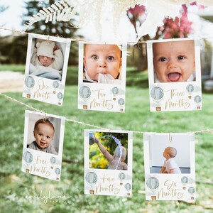 Eerste verjaardag fotobanner, hete luchtballon fotobanner, avontuur wacht op verjaardag, maandelijkse fotokaarten, bewerkbare Instant Download, BD19