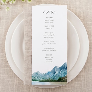 Berg Hochzeitsmenü Vorlage, Aquarell Berg Menükarten Sofort Download, Boho Hochzeitsmenü, Hochzeitsmenü druckbar, Mia