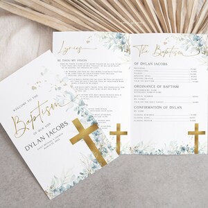 Baptism Programs, Printable Christening Program Template, Printable Eucalyptus Baptism Program, Blue Gold Baptism, Order of Events, BT4