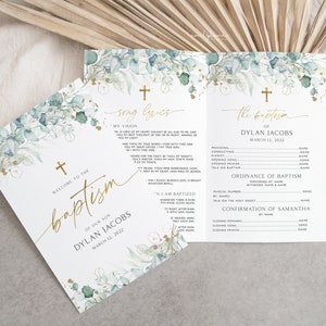 Baptism Programs, Printable Christening Program Template, Printable Eucalyptus Baptism Program, Blue Gold Baptism, Order of Events, BT3