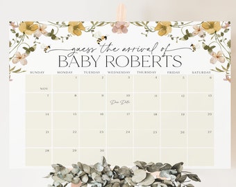 May include: A printable baby shower game with a floral design and a calendar for guests to guess the arrival date of "Baby Roberts".