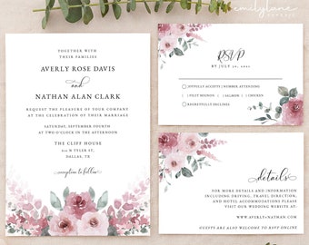 Dusty Rose Wedding Invitation Template, Blush Floral Wedding Invitation Printable Instant Download, Mauve Wedding Invite, Rosa