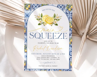 Lemon Mediterranean Bridal Shower Invite, Italian Blue Tiles Bridal Shower Invite, Citrus Italian She Found Her Main Squeeze Invite, BS46