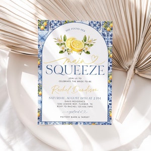 Lemon Mediterranean Bridal Shower Invite, Italian Blue Tiles Bridal Shower Invite, Citrus Italian She Found Her Main Squeeze Invite, BS46