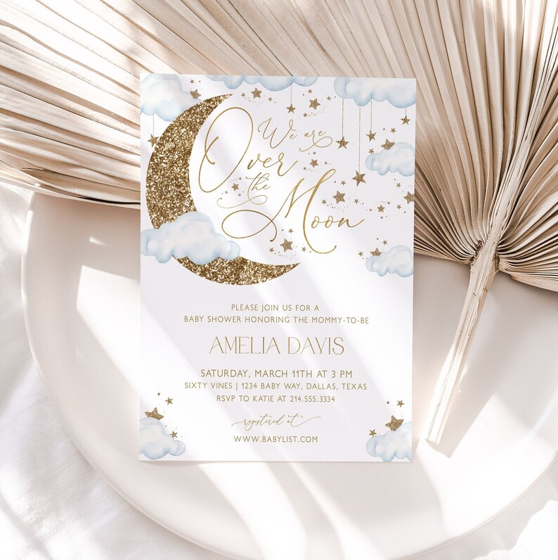 Over the Moon Baby Shower Invitation Star and Moon Baby Shower Invitation Boy Moon Baby Shower Boy Blue and Gold Star