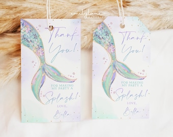 Etiqueta de regalo de cumpleaños de sirena, etiqueta de agradecimiento con cola de sirena, etiqueta de regalo de sirena en color verde azulado y morado, etiqueta de regalo editable, etiqueta de regalo de cumpleaños imprimible, BD64