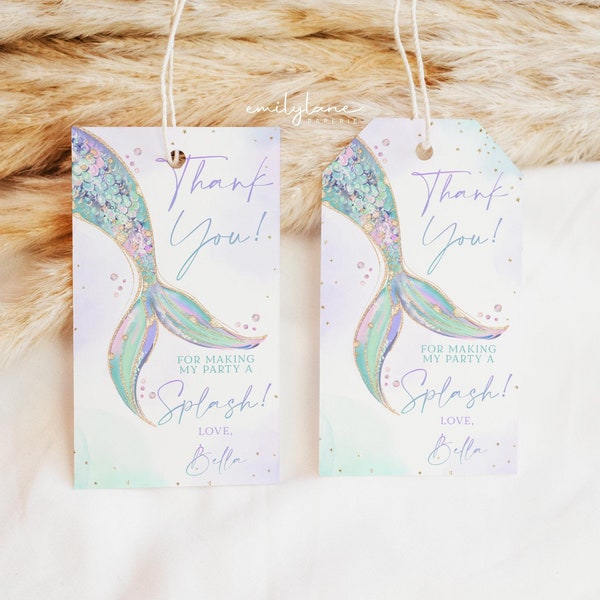 Mermaid Birthday Favor Tag, Mermaid Tail Thank You Tag, Teal Purple Mermaid Favor Tag, Editable Favor Tag, Printable Birthday Gift Tag, BD64