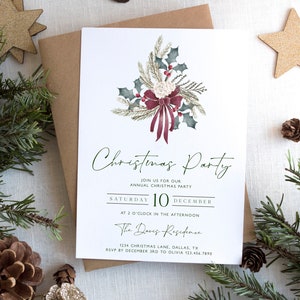 Christmas Party Invitation, Holiday Party Invitation Template, Editable Christmas Invitation, Christmas Holly, Work Holiday Party, CP10 image 1