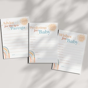Baby shower advies, hier komt het zoon baby shower spel, jongen baby shower voorspellingen, baby shower wensen, advieskaart, Boho Rainbow, BBS98