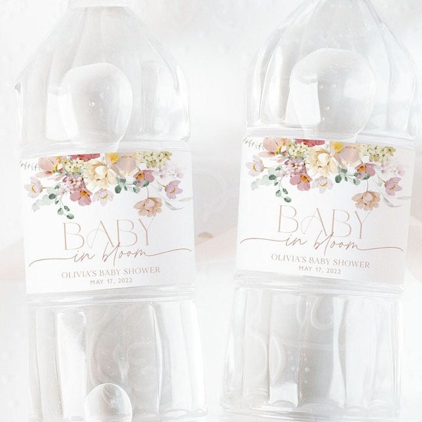 Baby in Bloom Water Bottle Label, Baby Shower Water Label, Muted Florals Water Bottle Label, Water Label Sticker, Girl Baby Shower, BBS29