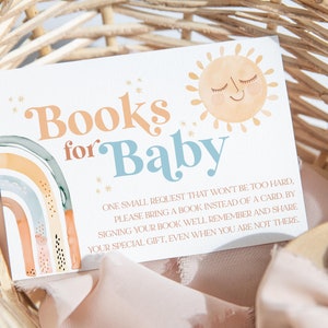 Boeken voor babykaart, hier komt de zoonboeken voor babykaartinvoegsel, boeken voor babyinvoegsel, Boho Rainbow Boho Sun Boy Baby Shower, BBS98
