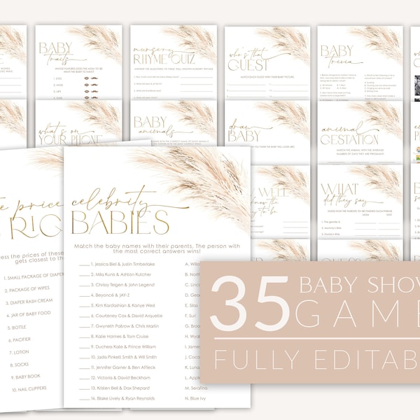 Boho Baby Shower Games, Pampas Grass Baby Shower Editable Games, Printable Games, Baby Games Pack, Gender Neutral Boho Baby Shower, BBS35