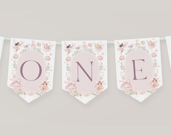 Boho Arch Fairy High Chair Banner Printable, Fairy ONE Birthday Banner High Chair, Girl 1st Birthday High Chair Banner, Floral Fairy, BD83