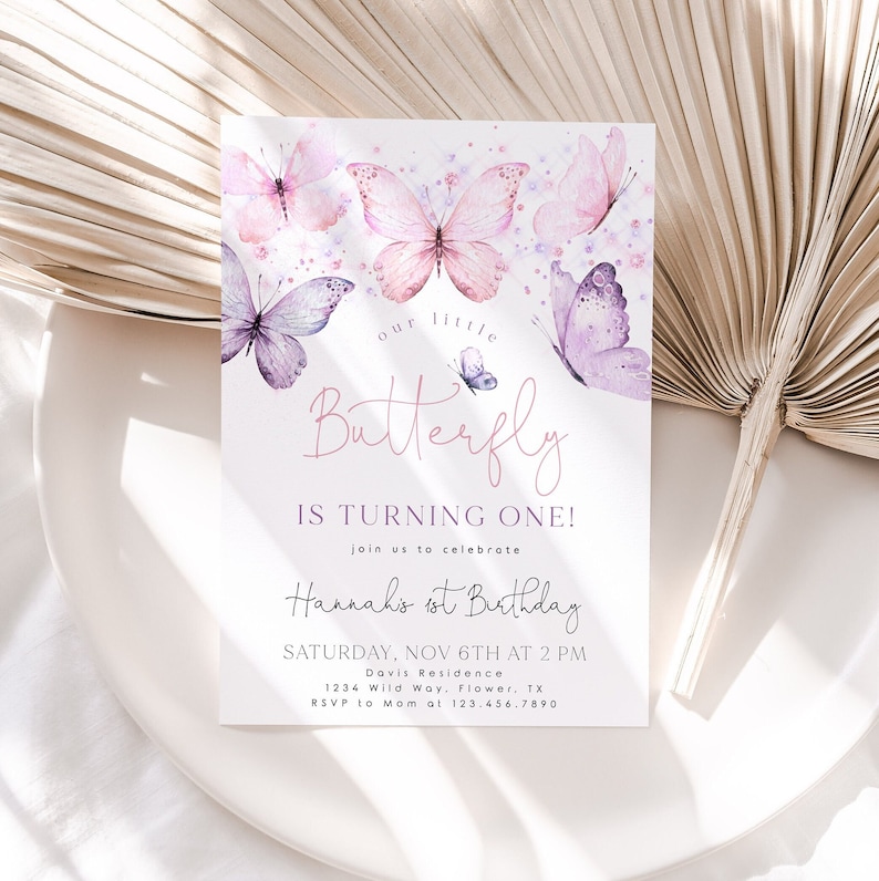 Butterfly Birthday Invitation, 1st Birthday Invite, First Birthday Invitation, Butterfly Birthday, Birthday Girl, Girl Butterfly Party, BD18 image 1