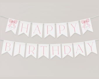 Pink Bow 1st Birthday Banner, Pink Coquette Bow, Happy Birthday Banner Printable, Happy 1st Birthday Banner, Bow 1st Birthday Decor, BD126