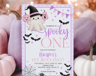 May include: A Halloween-themed invitation with a ghost wearing a witch hat and holding pumpkins. The invitation reads "Harper is a spooky ONE" and includes event details like date, time, and location. The color scheme is purple, pink, and black.