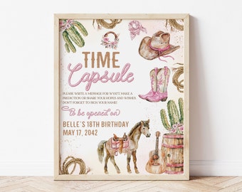 May include: A printable sign with a pink and brown colour scheme. The sign says "Time Capsule" and includes a message to write a message for Wyatt, make a prediction, or share hopes and wishes. The sign also says "To be opened on Belle's 18th Birthday May 17, 2042". The sign is decorated with a cowboy hat, boots, a cactus, a horse, a guitar, and a barrel.