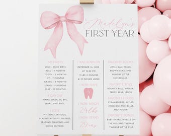 Pink Bow 1st Birthday Milestone Sign, Pink Coquette Bow Milestone Board, 1st Birthday Girl, Bow 1st Birthday Milestone Poster, Pink, BD126
