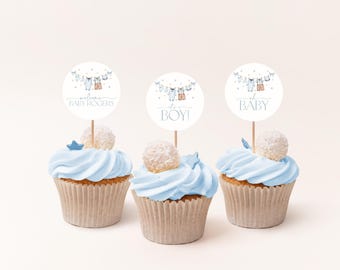 Blue Baby Shower Cupcake Topper, Baby Clotheslines Baby Shower Cupcake Topper, Editable Cupcake Topper, Printable Cupcake Toppers, BBS119