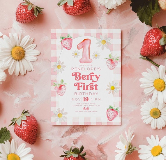 Berry First Birthday Invitation, Red Strawberry 1st Birthday Invite, Daisy Strawberries, Berry First Birthday, 1st Birthday Girl, BD123